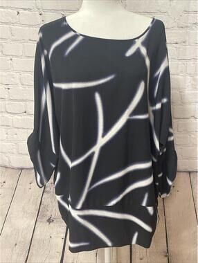 Chicos 3 Top Dolman XL Tab Sleeve Geometric Popover Black White Artsy